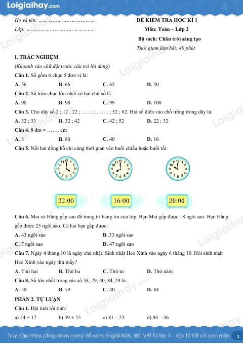 Đề kiểm tra học kì 1 Toán 2 Chân trời sáng tạo - Đề số 1